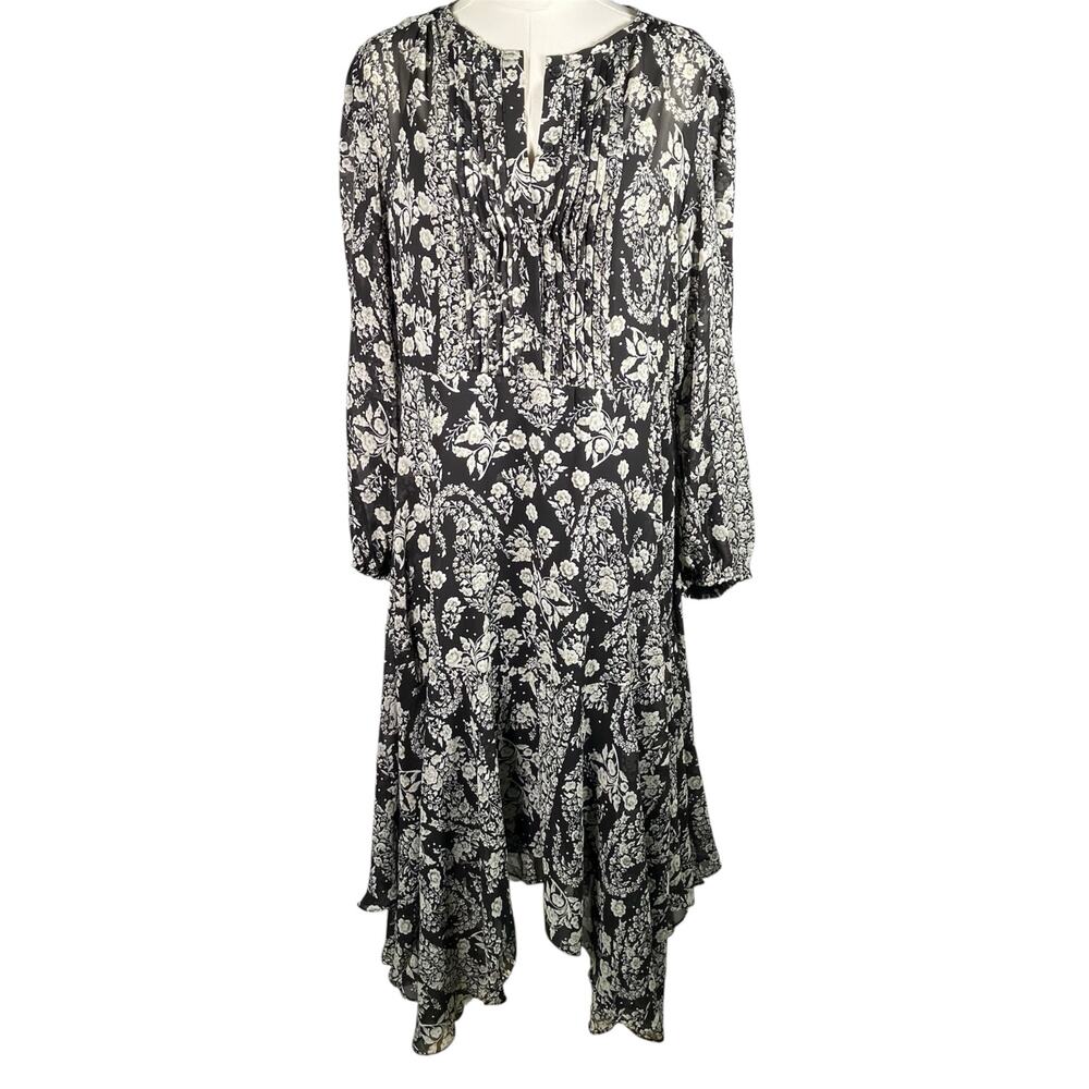 Dress Forum Black White Floral Midi Dress M‎ Long Sleeve Ruffle Hem Boho New